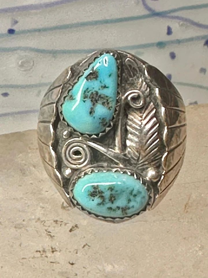 NAVAJO RING TURQUOISE BAND FLORAL LEAVES SIZE 10.50 STERLING SILVER WOMEN MEN (1 of 1)