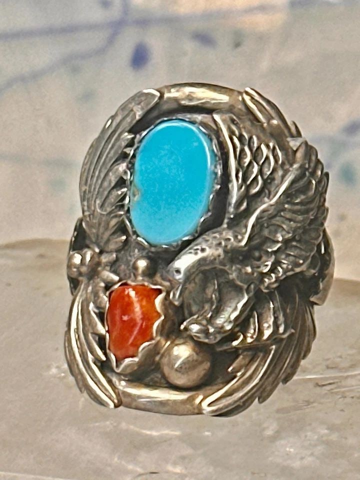 EAGLE RING NAVAJO TURQUOISE CORAL SIZE 8 STERLING SILVER WOMEN MEN (1 of 2)