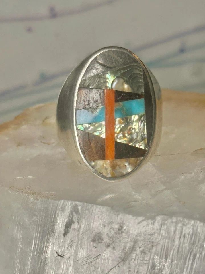 NAVAJO ABALONE RING CORAL TURQUOISE SIZE 11 STERLING SILVER WOMEN MEN: NAVAJO ABALONE RING CORAL TURQUOISE SIZE 11 STERLING SILVER WOMEN MEN Navajo Abalone Ring Coral Turquoise size 11 sterling silver women men Size 11 Weight 16.1g Length 1" Width 5/8" Thinnest part of b