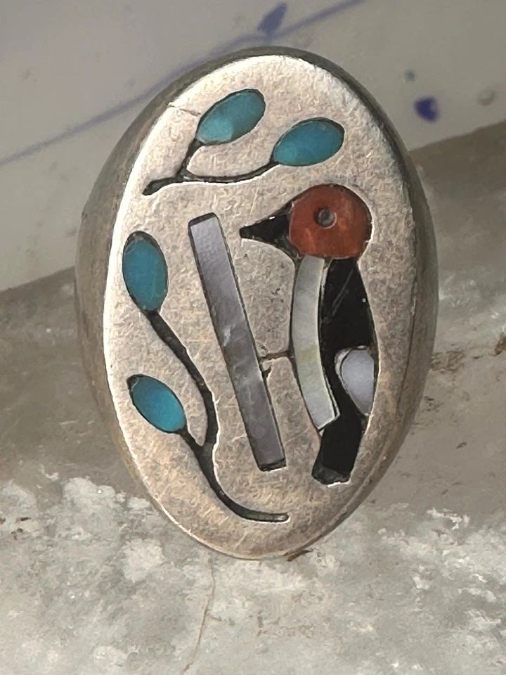 WOODPECKER RING NATIVE AMERICAN TURQUOISE LEAVES CORAL ONYX SIZE 11.50 STERLING (1 of 1)