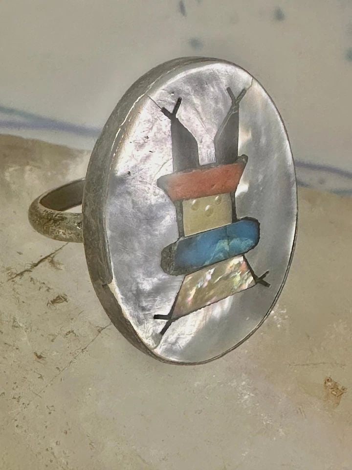 KACHINA RING NAVAJO MOP TURQUOISE CORAL ONYX SIZE 7 STERLING SILVER WOMEN (1 of 1)