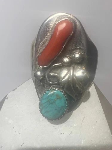 NAVAJO RING TURQUOISE CORAL BAND STERLING SILVER WOMEN MEN SIZE 10.75: NAVAJO RING TURQUOISE CORAL BAND STERLING SILVER WOMEN MEN SIZE 10.75 turquoise ring southwest coral band sterling silver women men Size 10.75 Weight 20g Length 1 3/8" Widest part of band 5/8" Thinnes