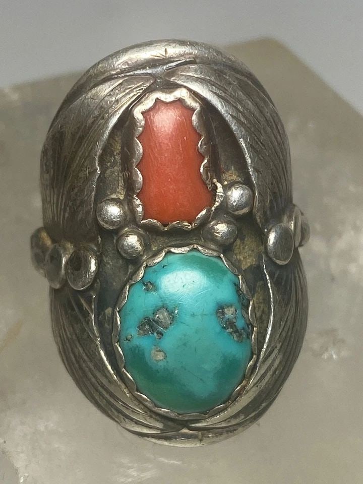 TURQUOISE CORAL RING SOUTHWEST STERLING SILVER WOMEN MEN (1 of 2)