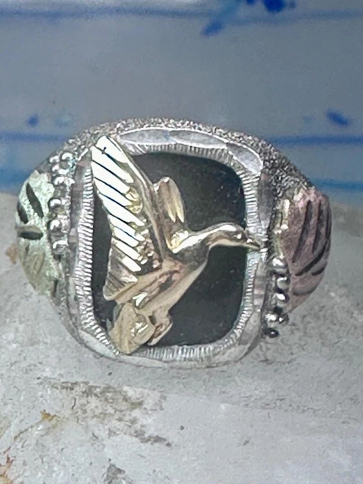 BLACK HILLS GOLD RING GOOSE LEAVES BIRD ONYX SIZE 11.75 STERLING SILVER WOMEN ME (1 of 1)