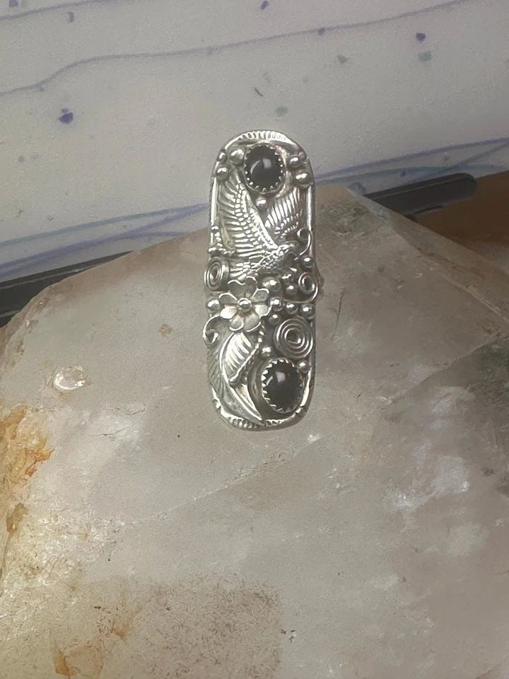 LONG EAGLE RING ONYX NAVAJO LEAVES FULL FINGER BAND SIZE 7 STERLING SILVER WOME: LONG EAGLE RING ONYX NAVAJO LEAVES FULL FINGER BAND SIZE 7 STERLING SILVER WOME Long eagle ring onyx Navajo leaves full finger band size 7 sterling silver women AS IS - the band in back is not totally
