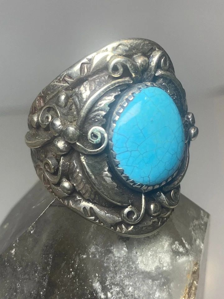 TURQUOISE RING SIZE 11.75 NAVAJO SOUTHWEST STERLING SILVER WOMEN MEN (1 of 2)