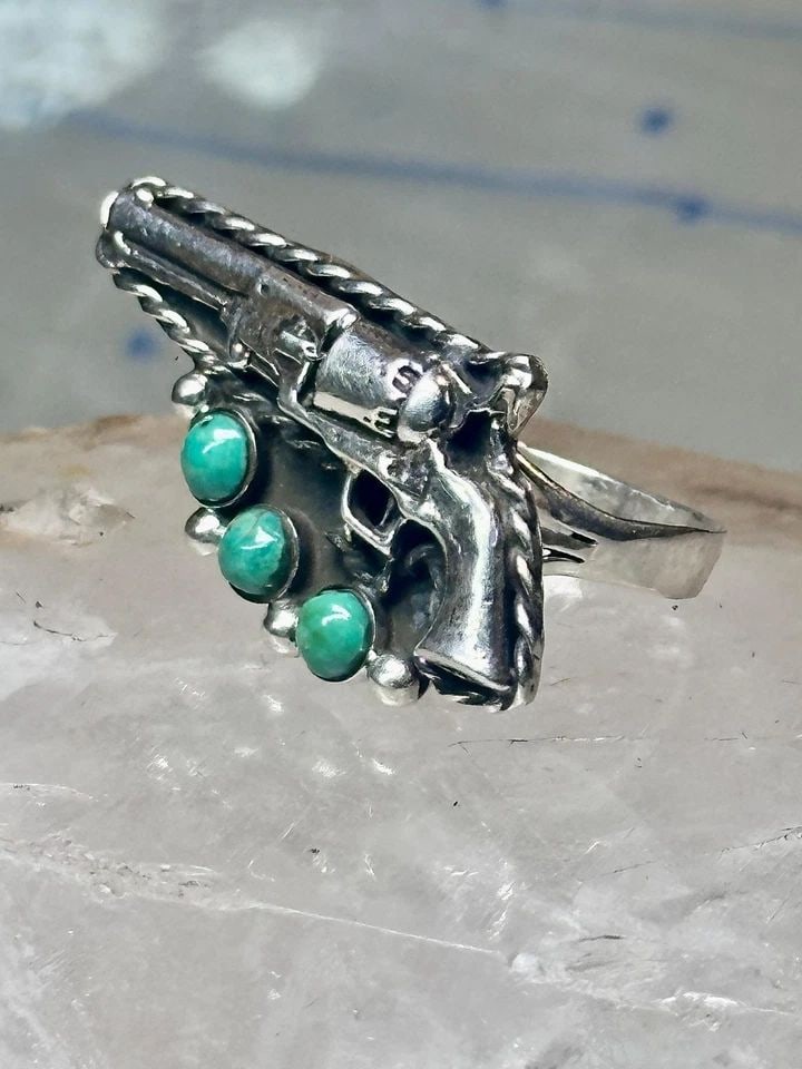 GUN RING TURQUOISE SOUTHWESTERN BAND SIZE 8.75 STERLING SILVER WOMEN (1 of 2)