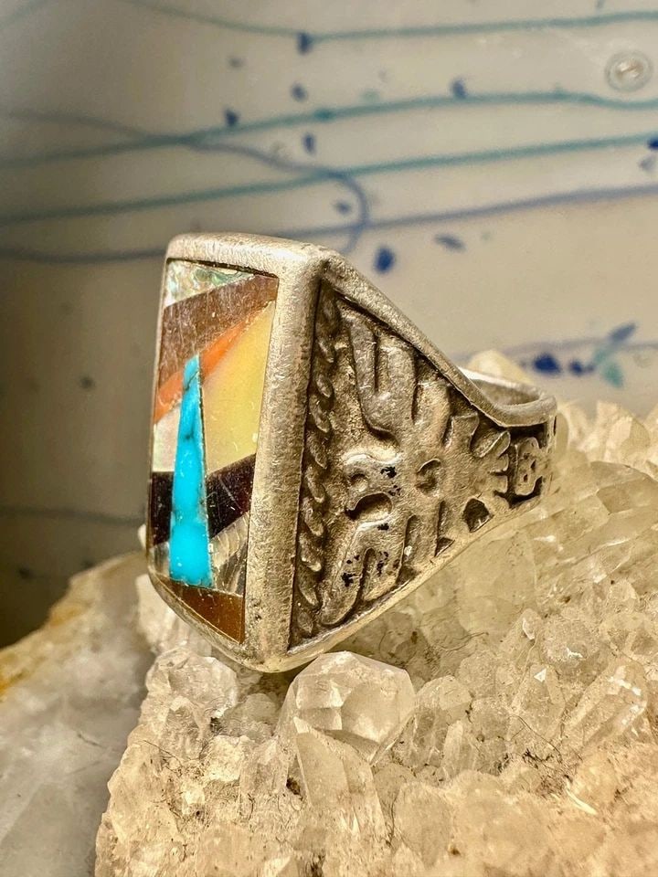 PHOENIX RING NAVAJO BAND TURQUOISE ONYX CORAL MOP SIZE 9 STERLING SILVER WOMEN: PHOENIX RING NAVAJO BAND TURQUOISE ONYX CORAL MOP SIZE 9 STERLING SILVER WOMEN Phoenix ring Navajo band turquoise onyx coral MOP size 9 sterling silver women men Size 9 Between a size9 and a size 9.25
