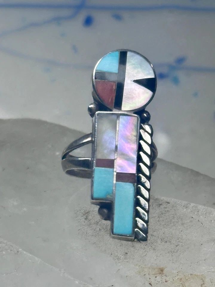 SUN FACE RING JULIE O LAHI TURQUOISE MOP JET SIZE 7 STERLING SILVER WOMEN (1 of 1)