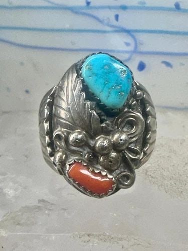 NAVAJO RING TURQUOISE CORAL BAND SIZE 9.75 STERLING SILVER WOMEN MEN: NAVAJO RING TURQUOISE CORAL BAND SIZE 9.75 STERLING SILVER WOMEN MEN Navajo ring turquoise coral band size 9.75 sterling silver women men Size 9.75 Weight 18.1g Length. 1 Width 3/4" Thinnest part of b