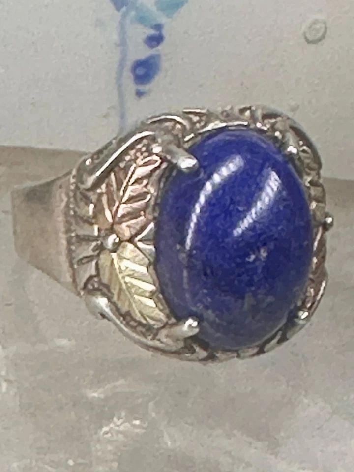 BLUE HILLS GOLD RING BLUE LAPIS BAND LEAVES SIZE 9.75 STERLING SILVER WOMEN MEN (1 of 2)