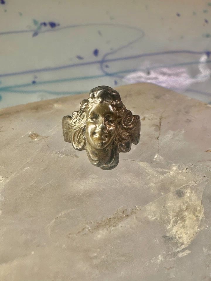 LADY FACE RING ART DECO NOUVEAU ITALY PINKY TURQUOISE SIZE 3 SILVER SIGNED 800 (1 of 2)
