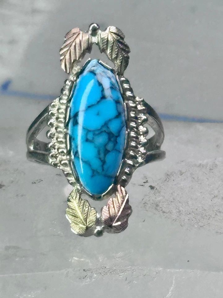 BLACK HILLS GOLD RING LONG TURQUOISE LEAVES BAND SIZE 7.50 STERLING SILVER WOMEN: BLACK HILLS GOLD RING LONG TURQUOISE LEAVES BAND SIZE 7.50 STERLING SILVER WOMEN Black Hills Gold Ring long vintage turquoise leaves band size 7.50 sterling silver women girls 12K over sterling silver