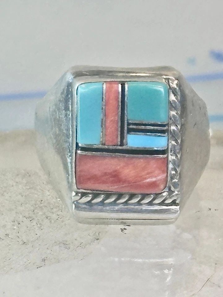 NAVAJO RING TURQUOISE INLAY BAND SIZE 9 STERLING SILVER WOMEN MEN SIGNED HH (1 of 2)