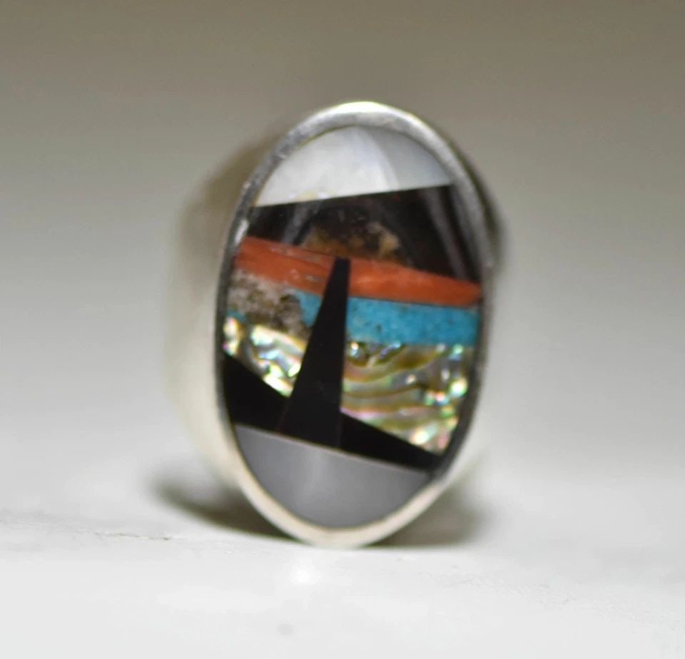 NAVAJO RING TURQUOISE SEASCAPE ABALONE LIGHTHOUSE SPINY OYSTER STERLING SILVER M (1 of 2)