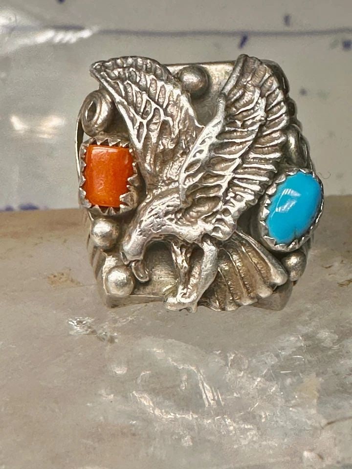 EAGLE RING TURQUOISE CORAL SOUTHWEST BAND BAND SIZE 10.5 STERLING SILVER WOMEN M (1 of 2)