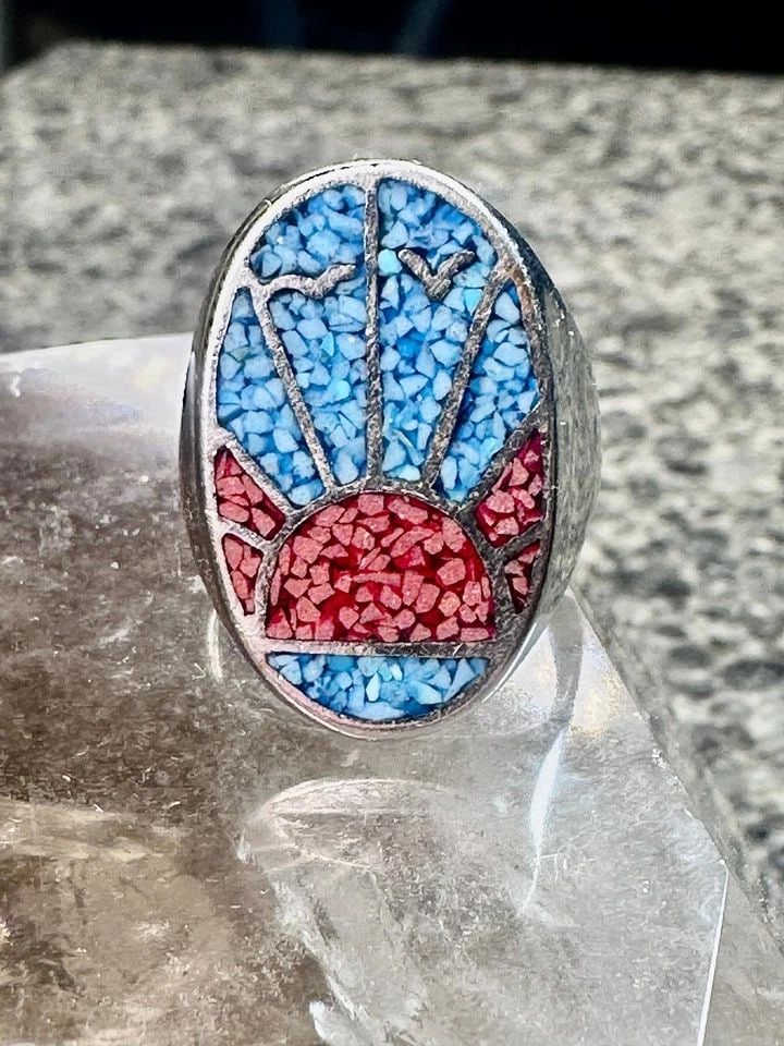 SUNRISE RING SUNSET BAND SEAGULLS TURQUOISE CORAL SOUTHWEST SIZE 9.75 STERLING S (1 of 1)