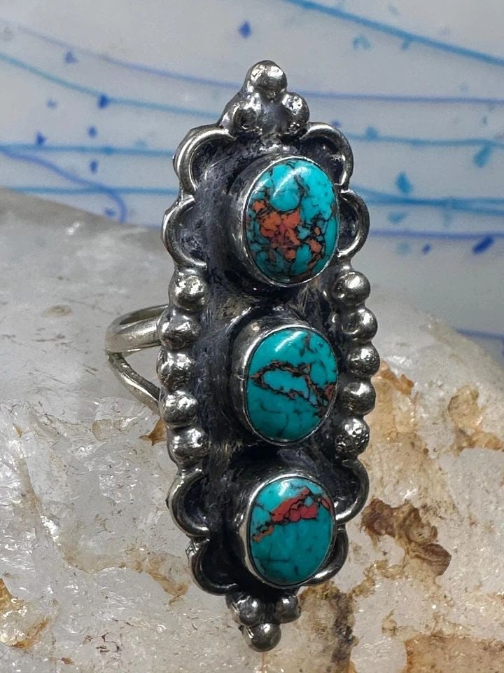 NAVAJO RING LONG TURQUOISE STERLING SILVER SIZE 7.25 STERLING SILVER WOMEN (1 of 2)