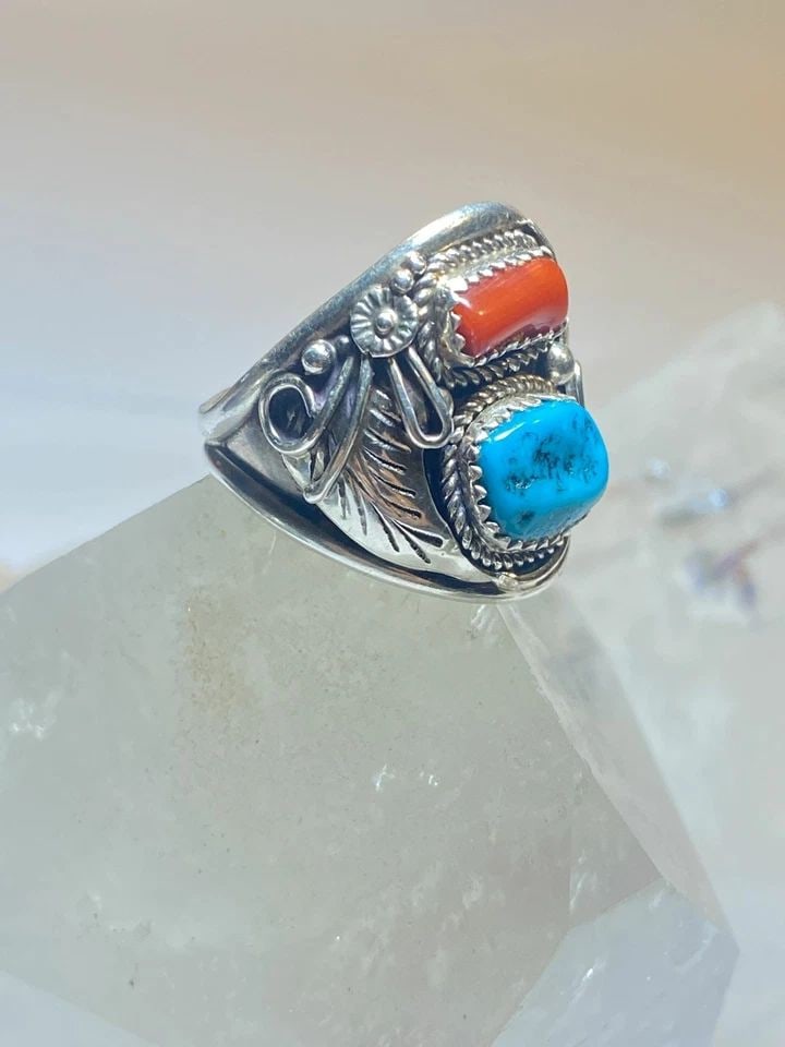 TURQUOISE RING SIZE 10.75 CORAL NAVAJO SOUTHWEST BAND STERLING SILVER (1 of 2)