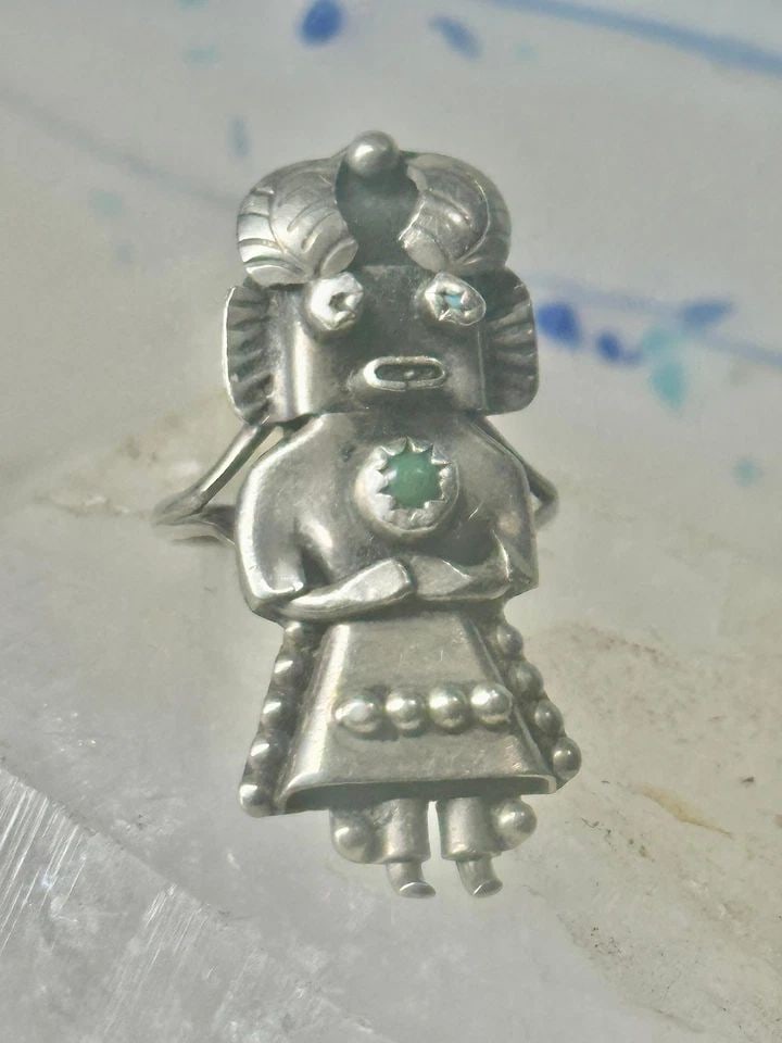 KACHINA RING NAVAJO MANY GOAT SIZE 6.75 TURQUOISE STERLING SILVER WOMEN AS IS: KACHINA RING NAVAJO MANY GOAT SIZE 6.75 TURQUOISE STERLING SILVER WOMEN AS IS Kachina ring Navajo Many Goat Size 6.75 turquoise sterling silver women One eye is missing a turquoise stone Size 6.75 Wei