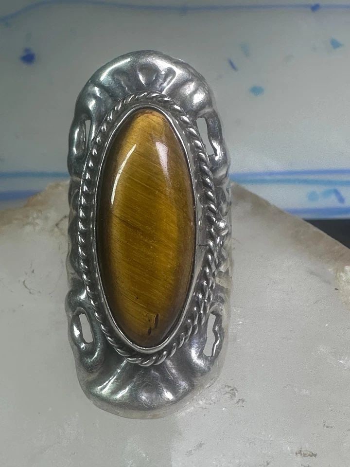 POISON RING LONG TIGER EYE TAXCO MEXICO SIZE 7 ADJ STERLING SILVER WOMEN (1 of 1)