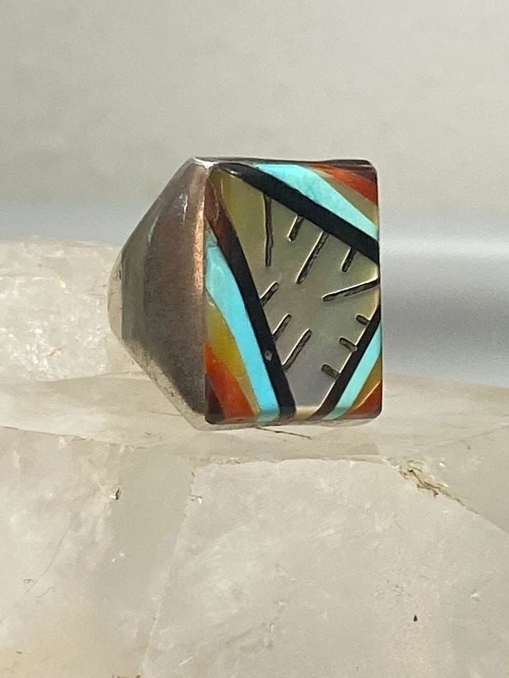 ZUNI RING SIZE 10.75 TURQUOISE MOP CORAL INLAY STERLING SILVER WOMEN (1 of 2)