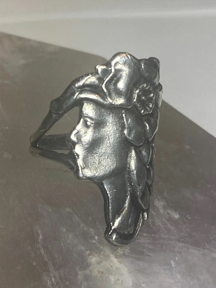 LADY FACE RING FLORAL FLOWERS BAND STERLING SILVER WOMEN GIRLS (1 of 2)
