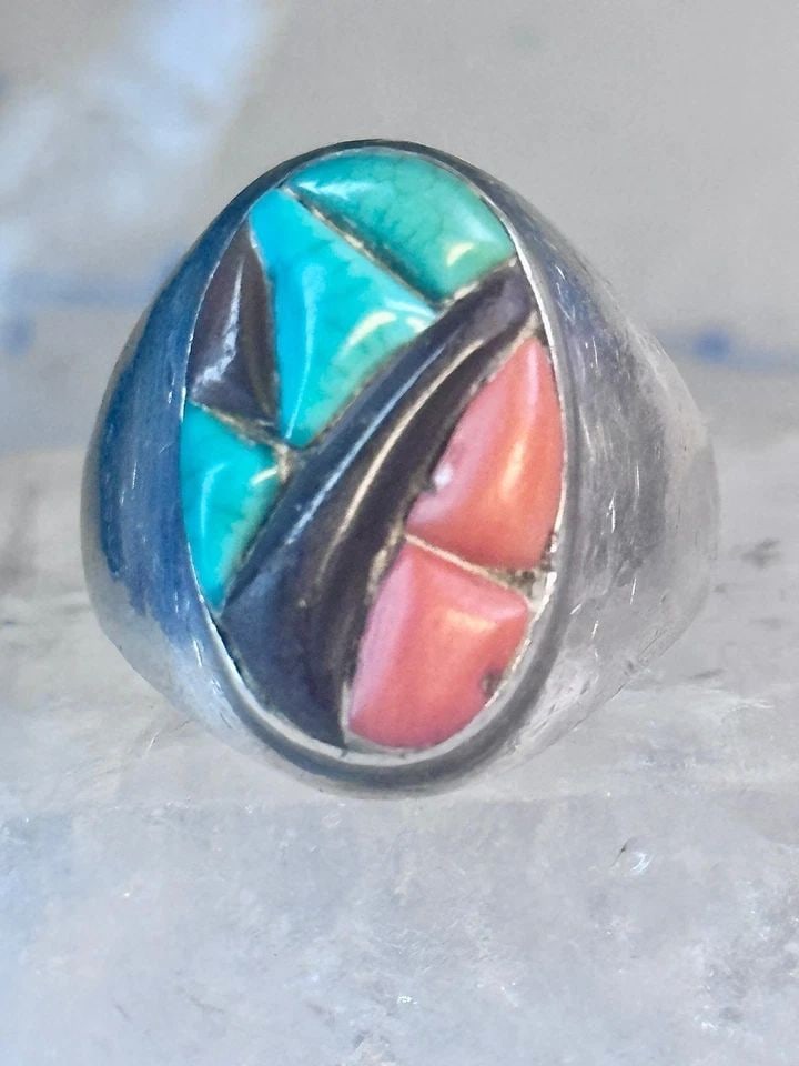 NAVAJO RING TURQUOISE CORAL ONYX COBBLESTONE SIZE 9.7 SOUTHWEST STERLING SILVER (1 of 2)
