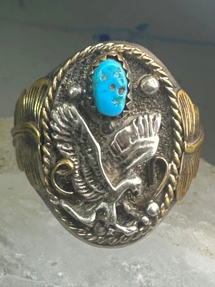 EAGLE RING LEAVES SOUTHWESTEN BAND SIZE 12.25 STERLING SILVER WOMEN MEN: EAGLE RING LEAVES SOUTHWESTEN BAND SIZE 12.25 STERLING SILVER WOMEN MEN Eagle Ring leaves southwestern band size 12.25 sterling silver women men looks like 1/20 12K gold filled leaves on either side o
