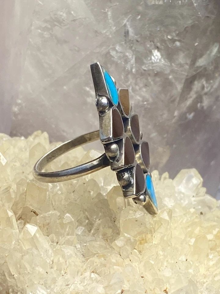 TURQUOISE RING SIZE 6.25 ONYX ZUNI SOUTHWEST STERLING SILVER WOMEN GIRLS (1 of 2)