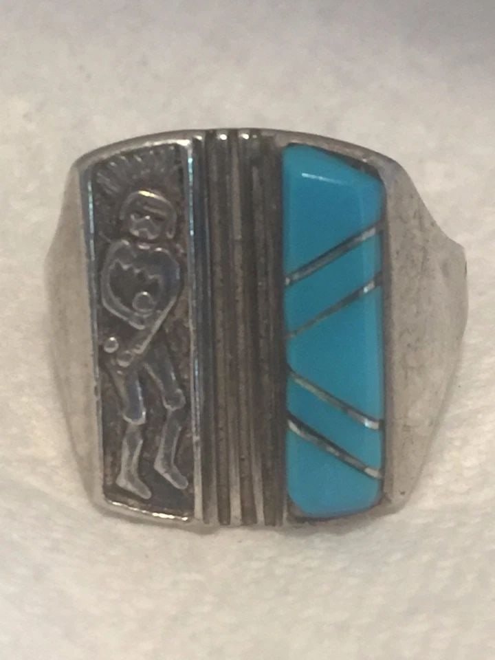 VINTAGE STERLING SOUTHWEST TRIBAL TURQUOISE KACHINA DANCER RING SIZE 10 10.4G: VINTAGE STERLING SOUTHWEST TRIBAL TURQUOISE KACHINA DANCER RING SIZE 10 10.4G Vintage Sterling Southwest Tribal Turquoise Kachina Dancer Ring Size 10 Weight 10.4g Length 3/4" Width 5/8" Free First Cla