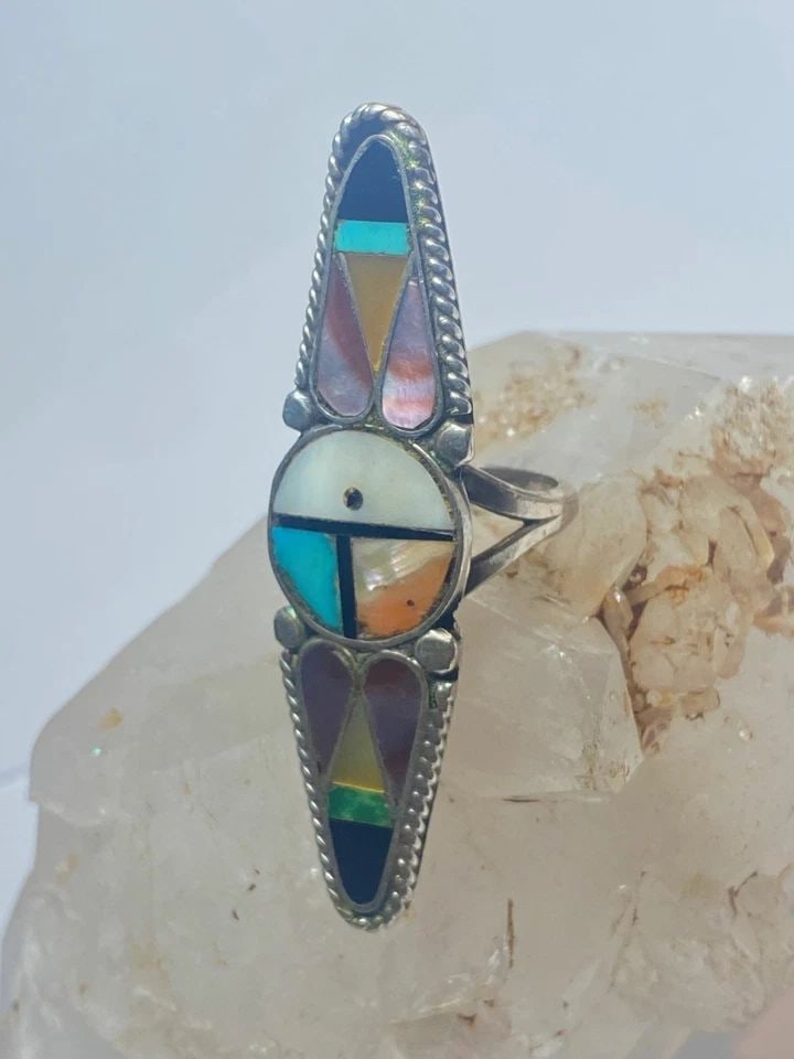 SUN FACE RING LONG TURQUOISE ONYX MOTHER OF PEARL ZUNI PINKY STERLING SILVER WOM: SUN FACE RING LONG TURQUOISE ONYX MOTHER OF PEARL ZUNI PINKY STERLING SILVER WOM Sun face ring long turquoise onyx mother of pearl Zuni pinky sterling silver women Size 5.50 Weight 8.9g Length 2 3/8" 
