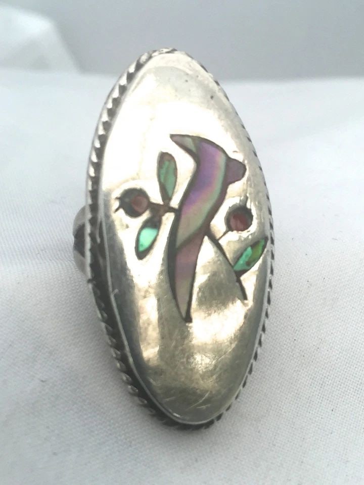 VINTAGE STERLING SILVER RING BIRD ABALONE TAXCO SIZE 5 MEXICO LONG TRIBAL (1 of 2)