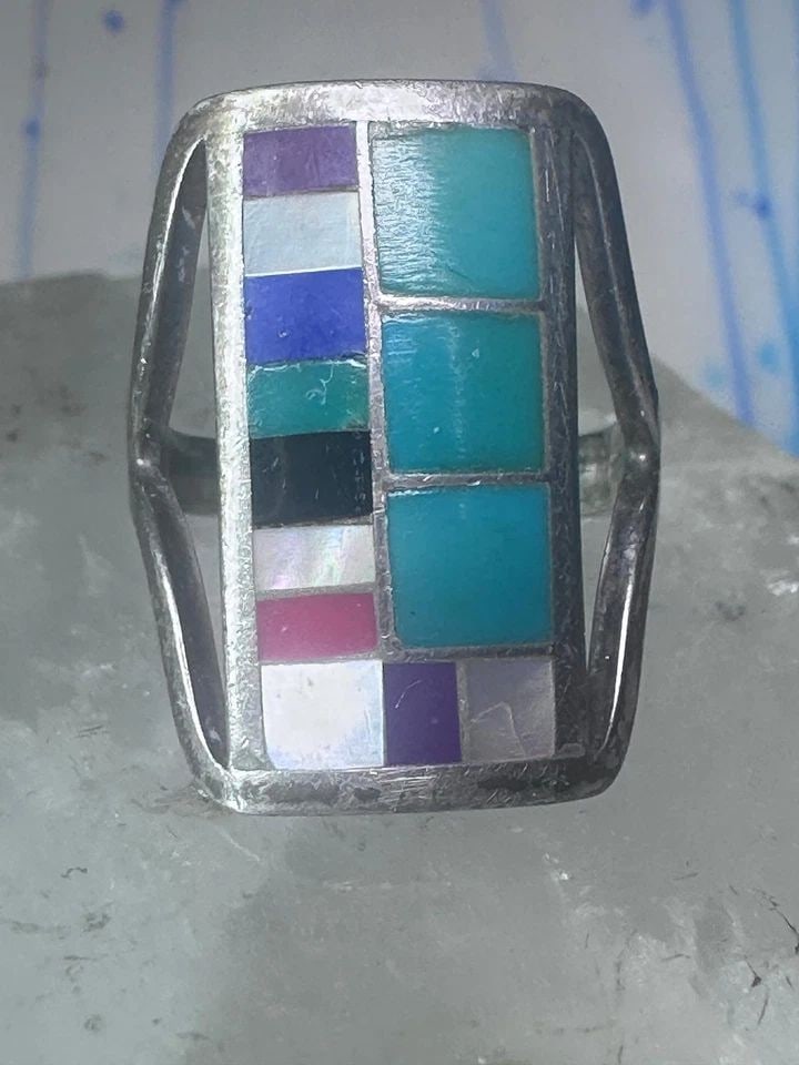 VINTAGE ZUNI TURQUOISE RING LONG RIATONE CORAL MOP ONYX INLAY STERLING SILVER SI: VINTAGE ZUNI TURQUOISE RING LONG RIATONE CORAL MOP ONYX INLAY STERLING SILVER SI Vintage Zuni turquoise ring long Riatone coral MOP Onyx Inlay sterling silver size 7 women girls Size 7 Weight 6.5g Len