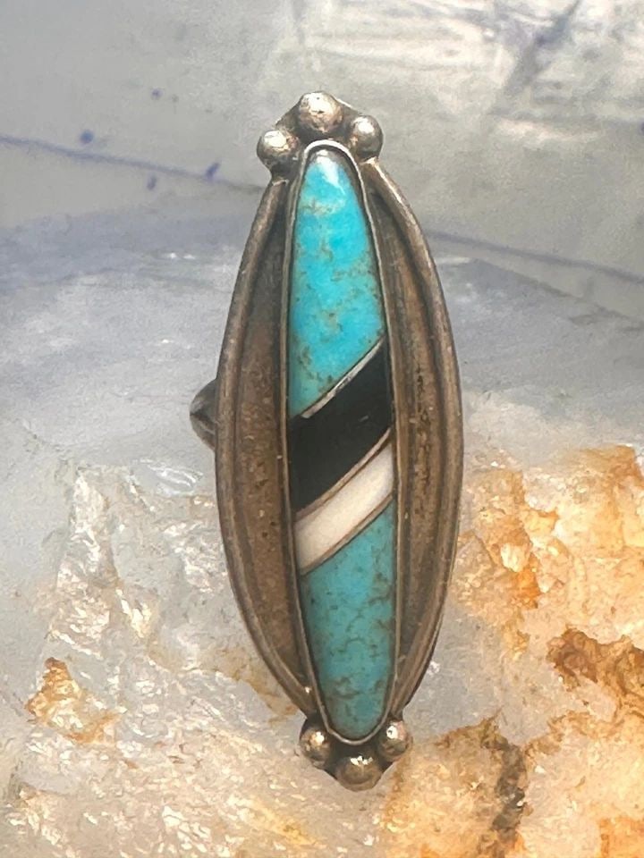 NAVAJO LONG RING TURQUOISE ONYX MOP SIZE 6.5 STERLING SILVER WOMEN (1 of 1)