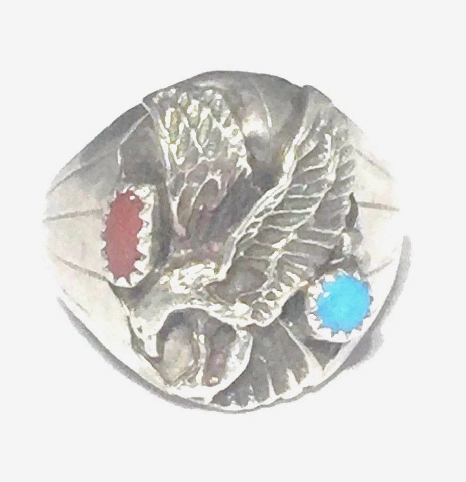 VINTAGE EAGLE STERLING SILVER SOUTHWEST TRIBAL RING TURQUOISE SIZE 12.50 16G MEN (1 of 2)