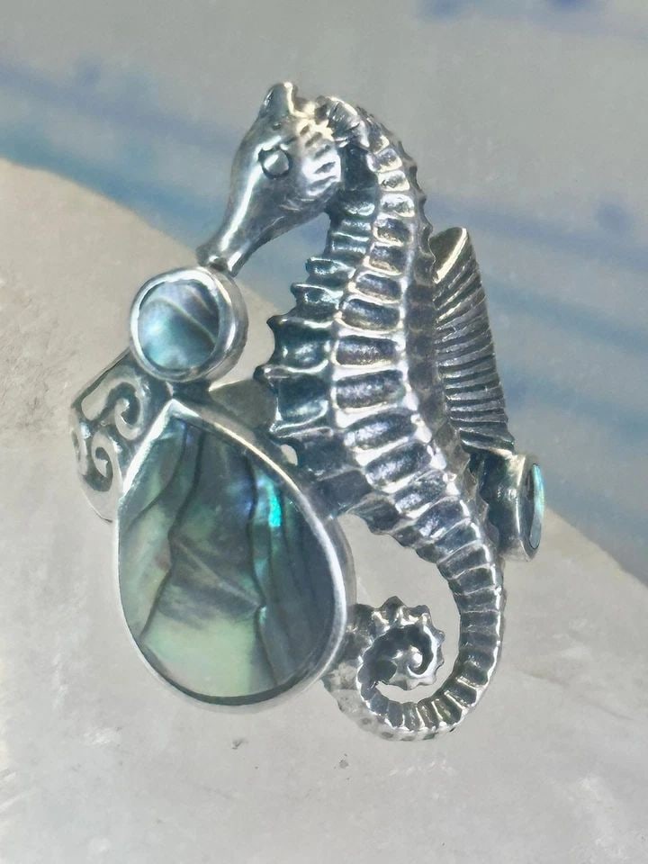 VINTAGE SEAHORSE RING ANIMAL ABALONE BAND SIZE 6 STERLING SILVER WOMEN (1 of 2)