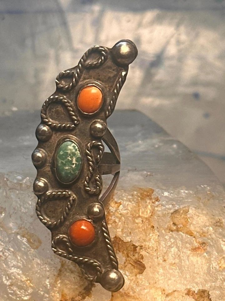 NAVAJO LONG CELESTIAL CRESCENT MOON RING TURQUOISE CORAL SIZE 7 STERLING SILVER: NAVAJO LONG CELESTIAL CRESCENT MOON RING TURQUOISE CORAL SIZE 7 STERLING SILVER Navajo long Celestial Crescent moon ring turquoise coral size 7 sterling silver women Size 7 Weight 12.9g Length 2" Widt