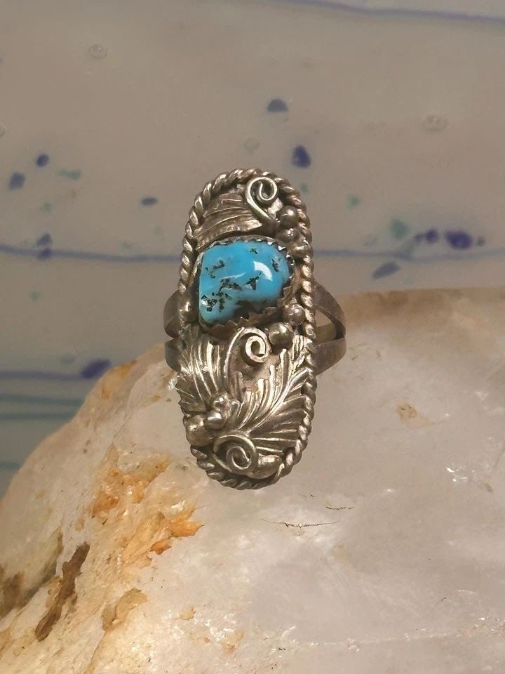 NAVAJO RING LONG LEAVES TURQUOISE SIGNED EP SIZE 6 STERLING SILVER WOMEN (1 of 1)