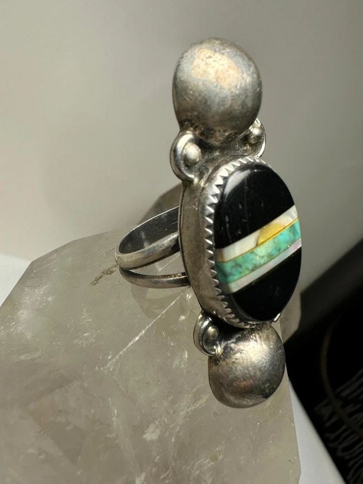 LONG NAVAJO RING ONYX TURQUOISE MOP SIZE 7 STERLING SILVER WOMEN (1 of 2)