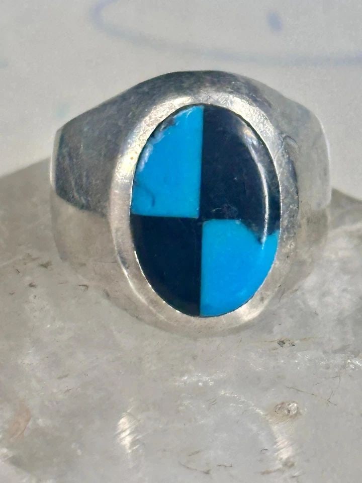 TURQUOISE RING ONYX MEXICO SIZE 12 HEAVY CHECKERBOARD STERLING SILVER WOMEN MEN (1 of 2)