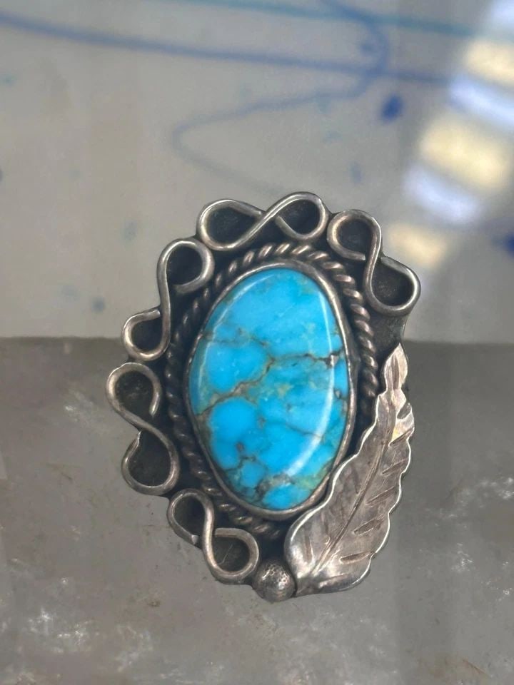 TURQUOISE RING NAVAJO FEATHER LEAF SIZE 9.75 STERLING SILVER WOMEN (1 of 1)