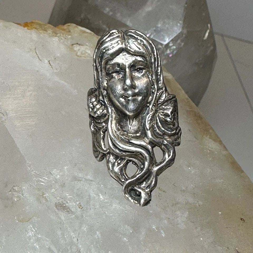 LONG FACE RING ART DECO LONG FLOWING HAIR SIZE 5.75 STERLING SILVER WOMEN (1 of 1)