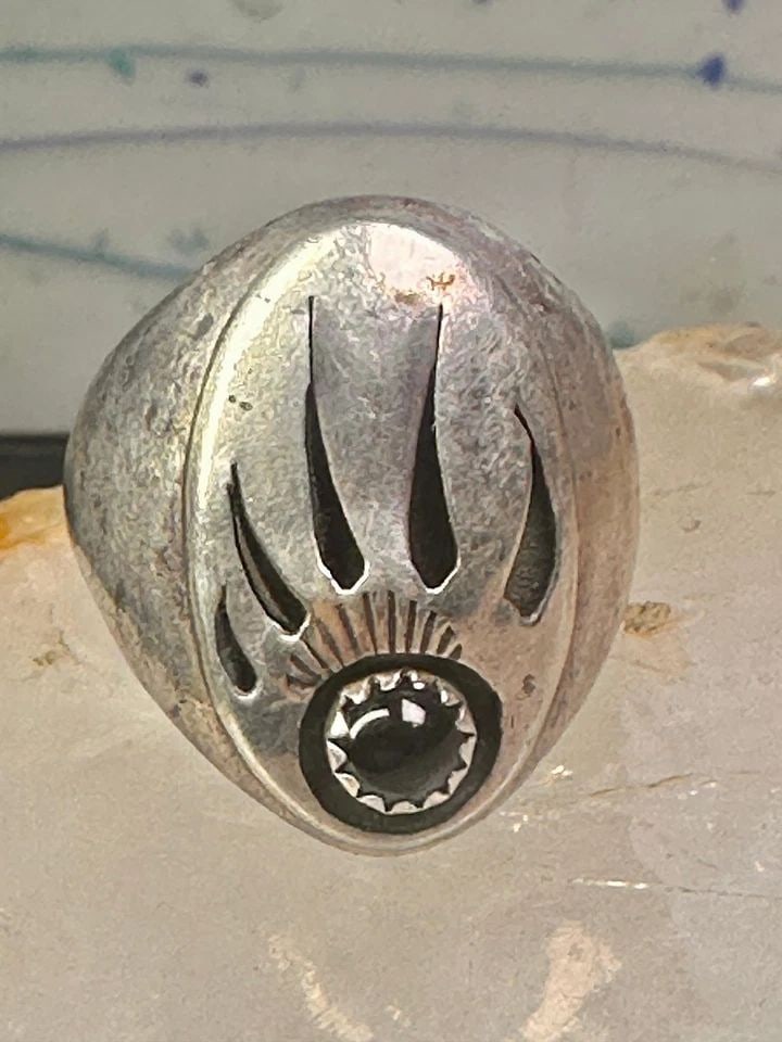 NAVAJO RING BEAR FOOTPRINT SIZE 11.25 ONYX STERLING SILVER WOMEN MEN SIGNED R (1 of 1)