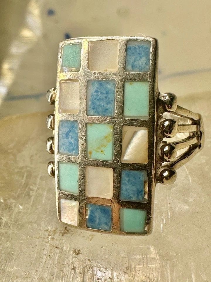 TURQUOISE RING MOP SOUTHWEST CHECKERBOARD SIZE 6.25 STERLING SILVER WOMEN MEN (1 of 2)