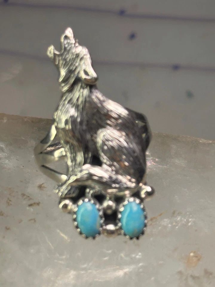 NAVAJO WOLF RING TURQUOISE BAND SIZE 8 STERLING SILVER MEN WOMEN (1 of 2)