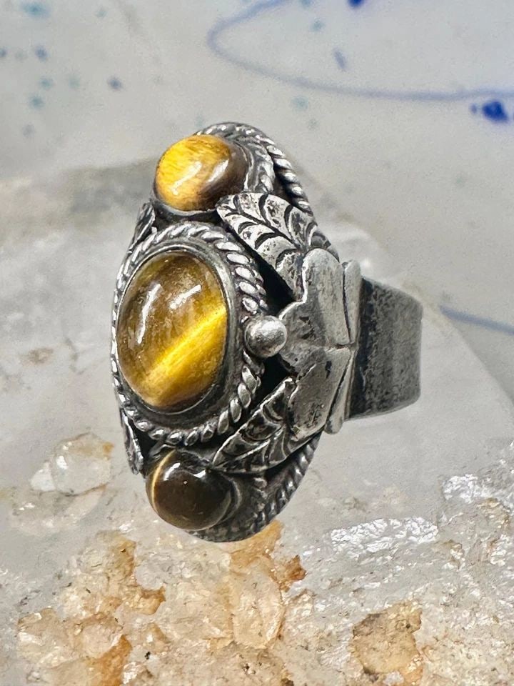 POISON RING TIGER EYE BAND BOHO SIZE 6.25 ADJUSTABLE STERLING SILVER WOMEN (1 of 2)