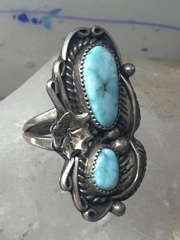 NAVAJO RING TURQUOISE LEAVES SQUASH BLOSSOM STERLING SILVER SIZE 5.50 WOMEN GIRL (1 of 2)