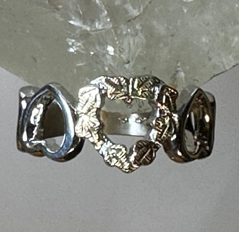 BLACK HILLS GOLD RING SIZE 4.75 HEART VALENTINE BAND STERLING SILVER WOMEN: BLACK HILLS GOLD RING SIZE 4.75 HEART VALENTINE BAND STERLING SILVER WOMEN Black Hills Gold ring size 4.75 Heart Valentine band sterling silver women I leave the rings unpolished until I sell .. If th