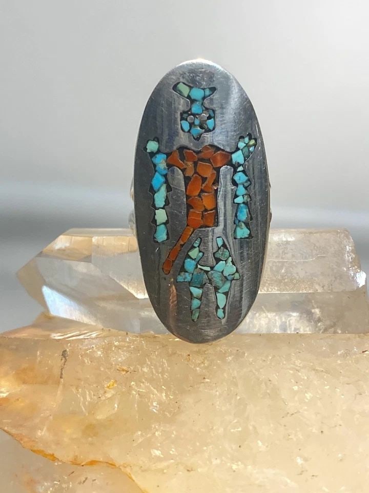 LONG KACHINA RING SIZE 6.25 TURQUOISE CORAL CHIPS STERLING SILVER NAVAJO SOUTHWE (1 of 1)